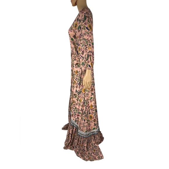 Farm Rio Anthropologie Clara Wrap Maxi Dress Medium Pink Floral Ruffle Boho EUC - Picture 3 of 9